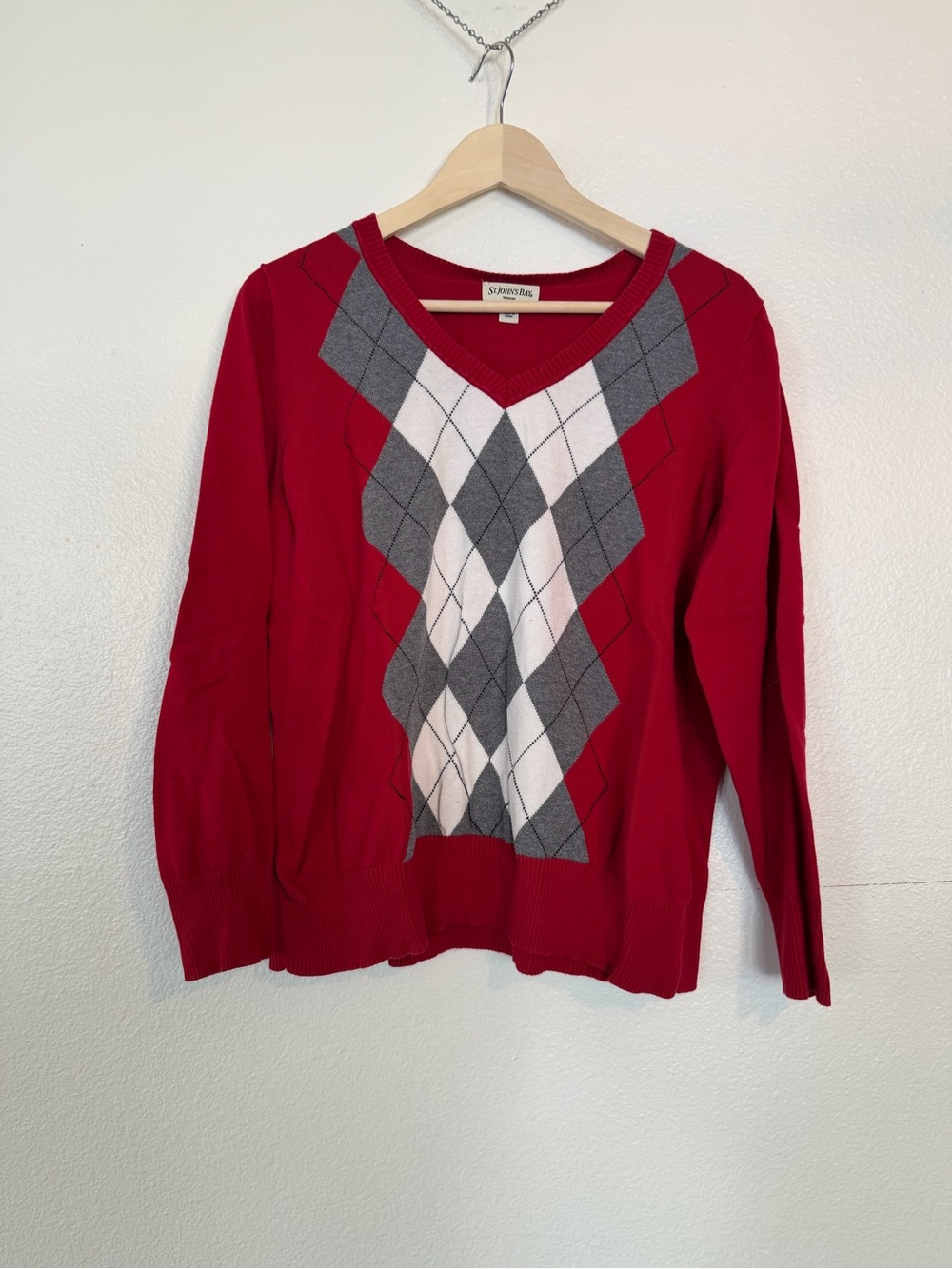St. John's Bay Red Argyle V-Neck Sweater with Gray and White Diamonds